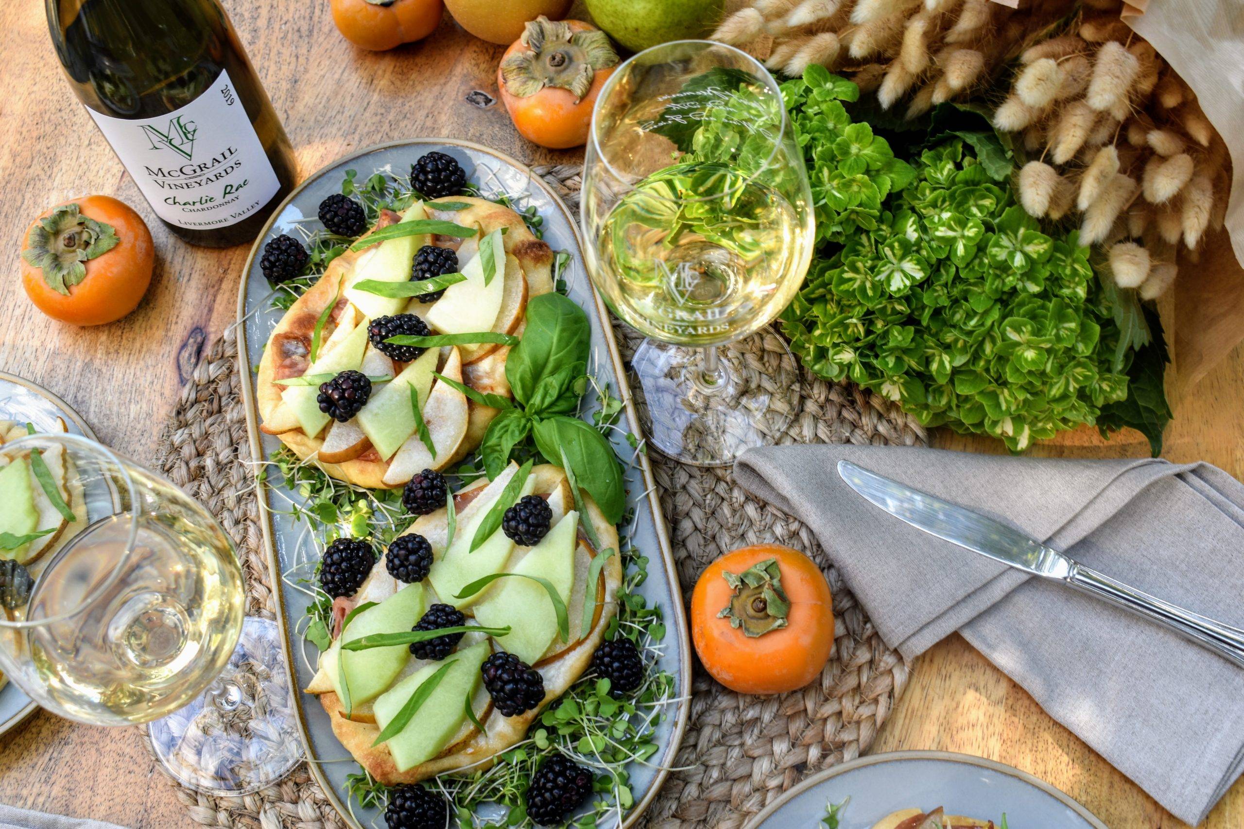 Pear Burrata Basil Flatbread & Charlie Rae Chardonnay