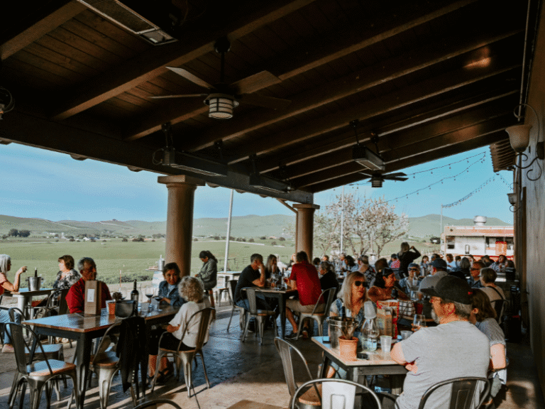 Guests enjoying wine tasting on a panoramic patio overlooking Livermore Valley vineyards.
