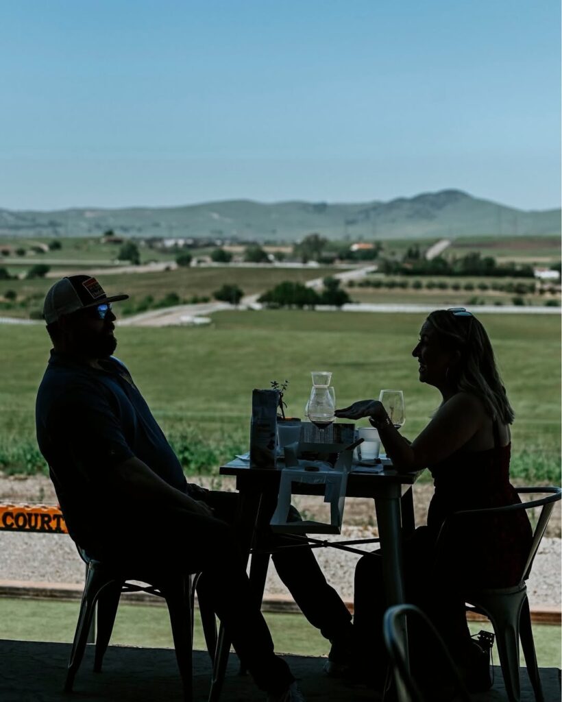 Scenic terrace view overlooking Livermore Valley vineyards with rolling hills and open sky, capturing the essence of a peaceful wine tasting experience.