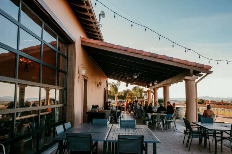 McGrail Vineyards patio with guests seated outside during a summer wine gathering.